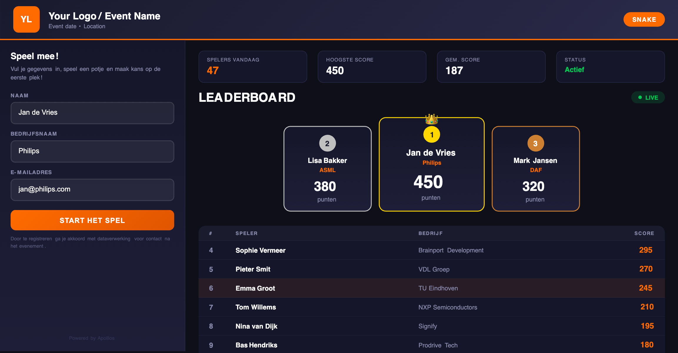 Apollios customizable scoreboard with live leaderboard